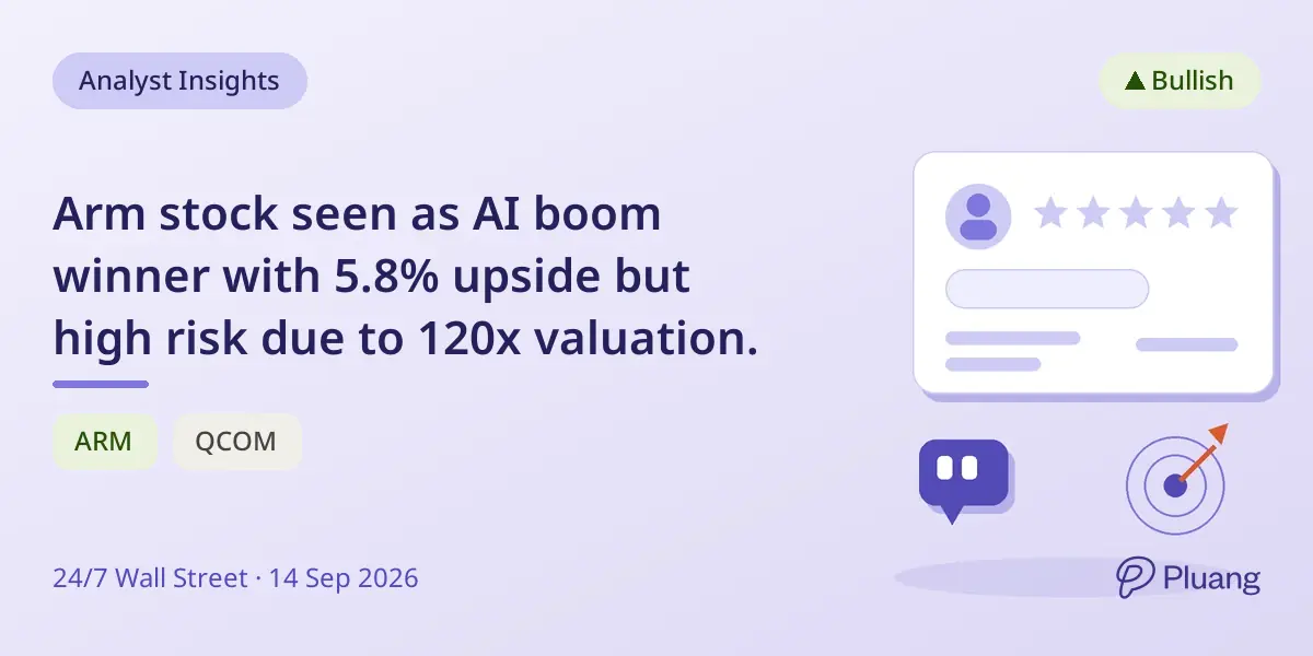 Arm stock seen as AI boom winner with 5.8% upside but high risk due to 120x valuation.
