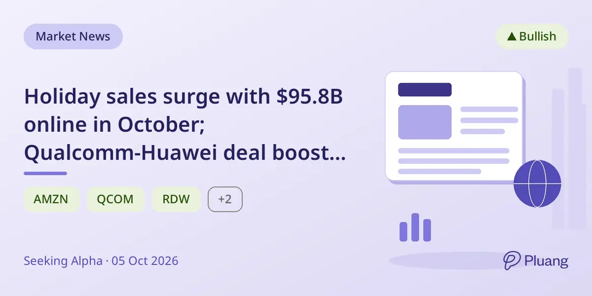 Holiday sales surge with $95.8B online in October; Qualcomm-Huawei deal boosts tech stocks; PTC soars on $22.6B acquisition.