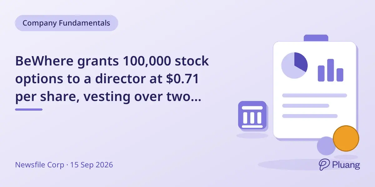 BeWhere grants 100,000 stock options to a director at $0.71 per share, vesting over two years.