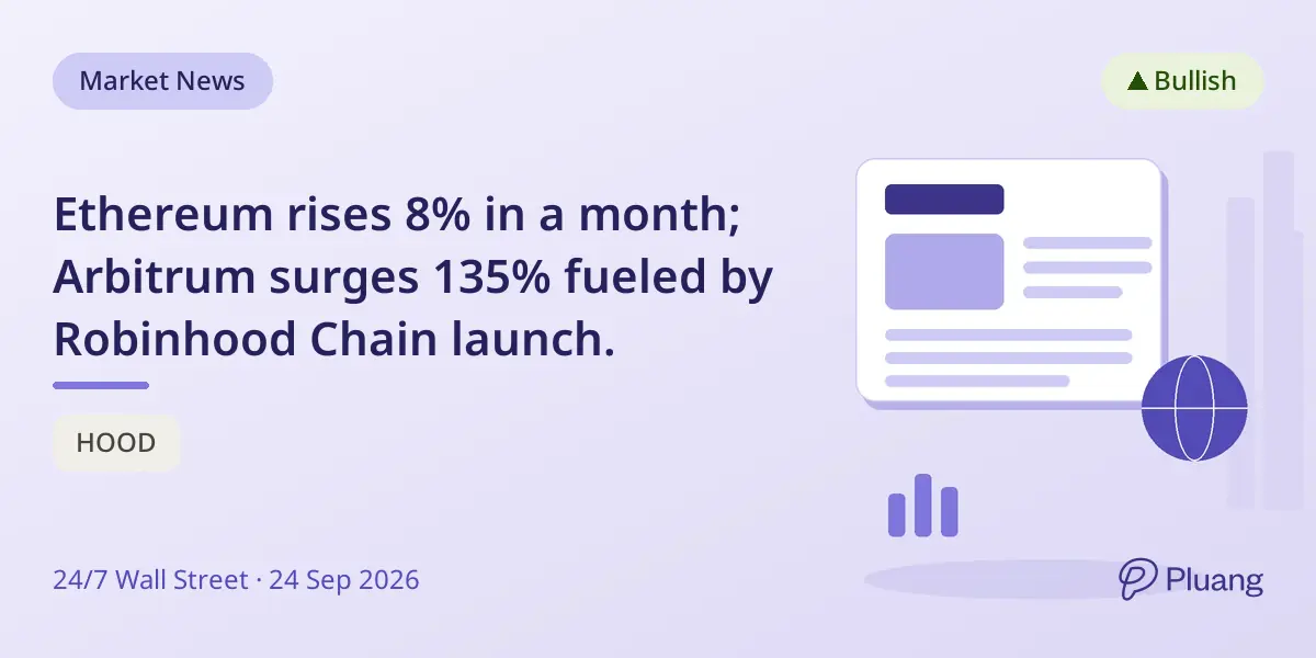 Ethereum rises 8% in a month; Arbitrum surges 135% fueled by Robinhood Chain launch.