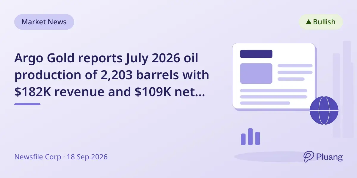 Argo Gold reports July 2026 oil production of 2,203 barrels with $182K revenue and $109K net cash flow.