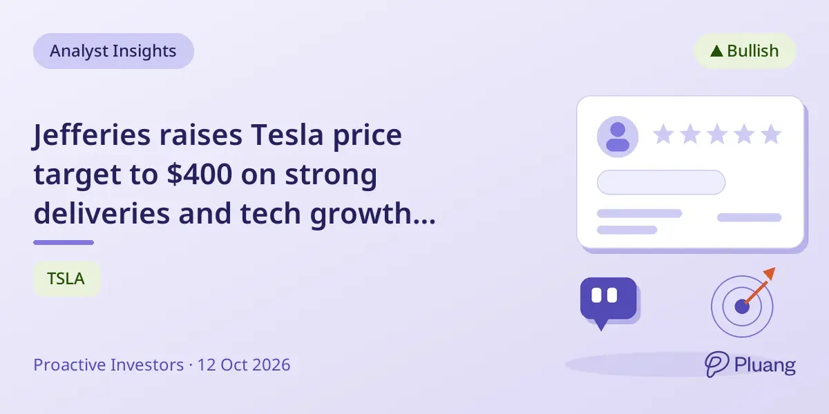 Jefferies raises Tesla price target to $400 on strong deliveries and tech growth prospects.
