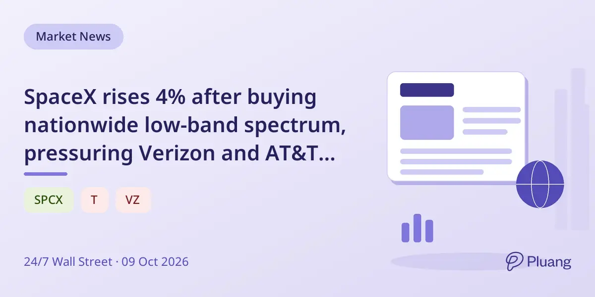 SpaceX rises 4% after buying nationwide low-band spectrum, pressuring Verizon and AT&T stocks down 7%.