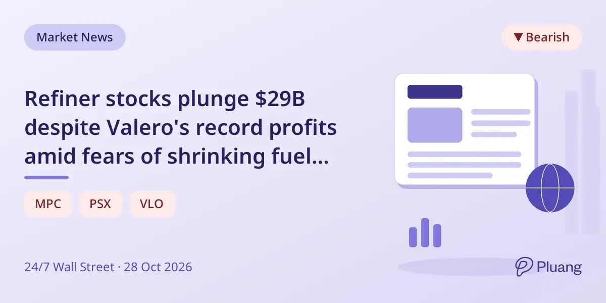 Refiner stocks plunge $29B despite Valero's record profits amid fears of shrinking fuel margins.
