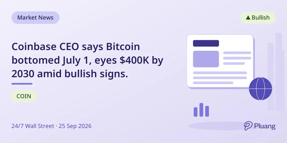 Coinbase CEO says Bitcoin bottomed July 1, eyes $400K by 2030 amid bullish signs.