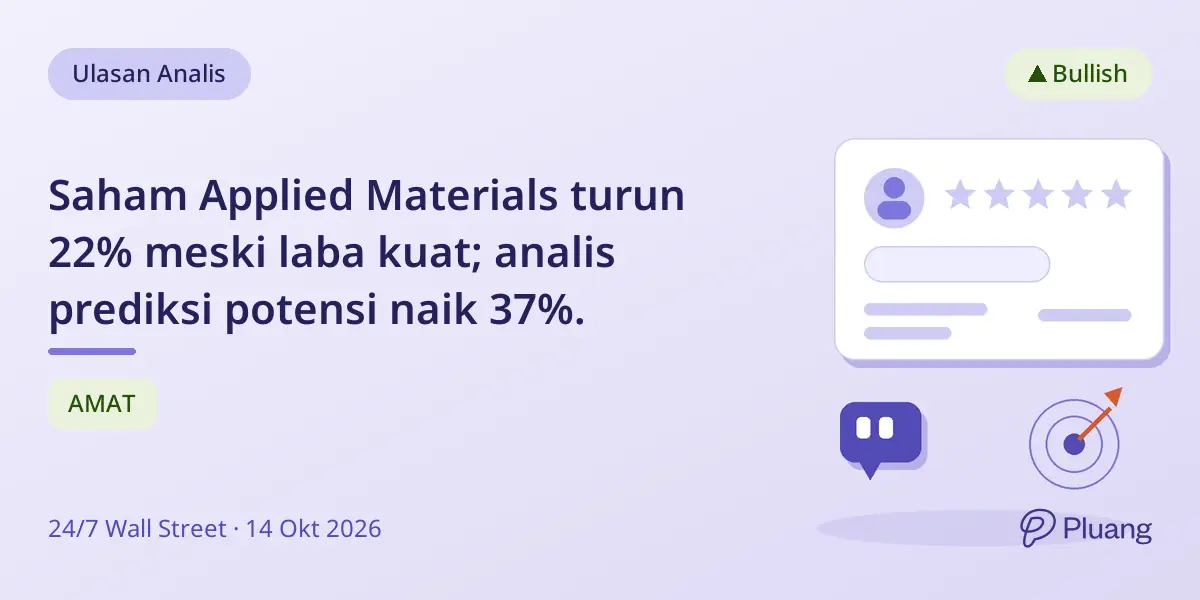 Saham Applied Materials turun 22% meski laba kuat; analis prediksi potensi naik 37%.