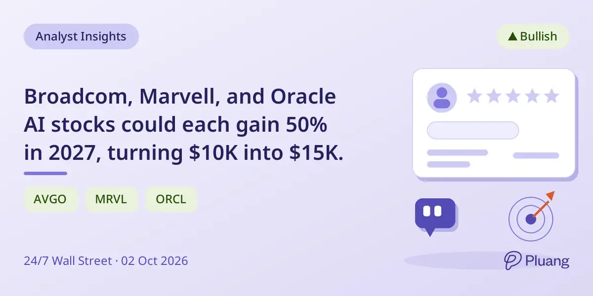 Broadcom, Marvell, and Oracle AI stocks could each gain 50% in 2027, turning $10K into $15K.