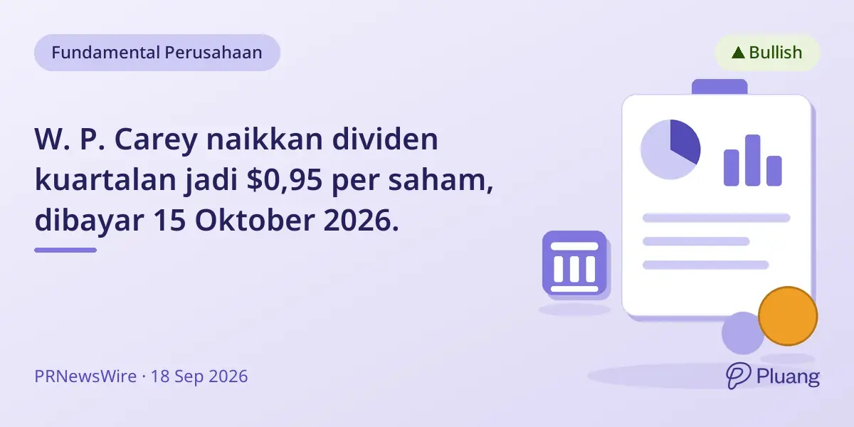 W. P. Carey naikkan dividen kuartalan jadi $0,95 per saham, dibayar 15 Oktober 2026.
