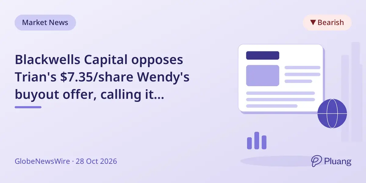 Blackwells Capital opposes Trian's $7.35/share Wendy's buyout offer, calling it undervalued and unfair.