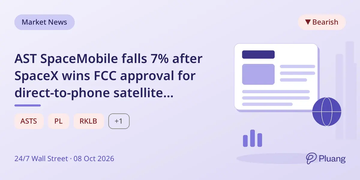 AST SpaceMobile falls 7% after SpaceX wins FCC approval for direct-to-phone satellite service.