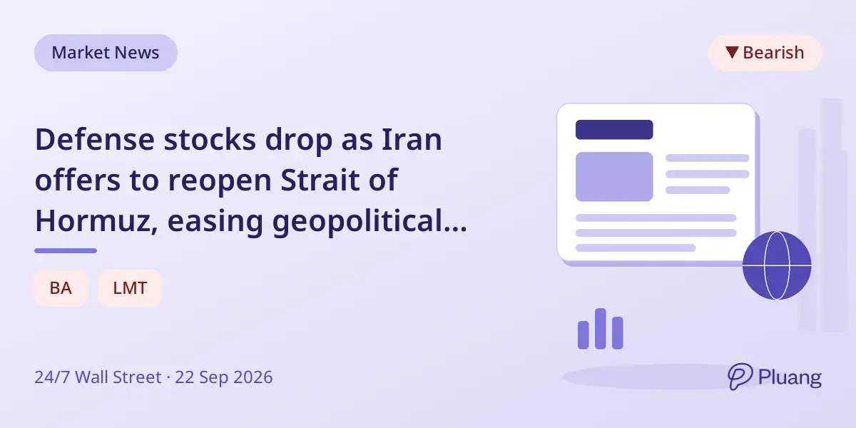 Defense stocks drop as Iran offers to reopen Strait of Hormuz, easing geopolitical risks and oil prices fall.