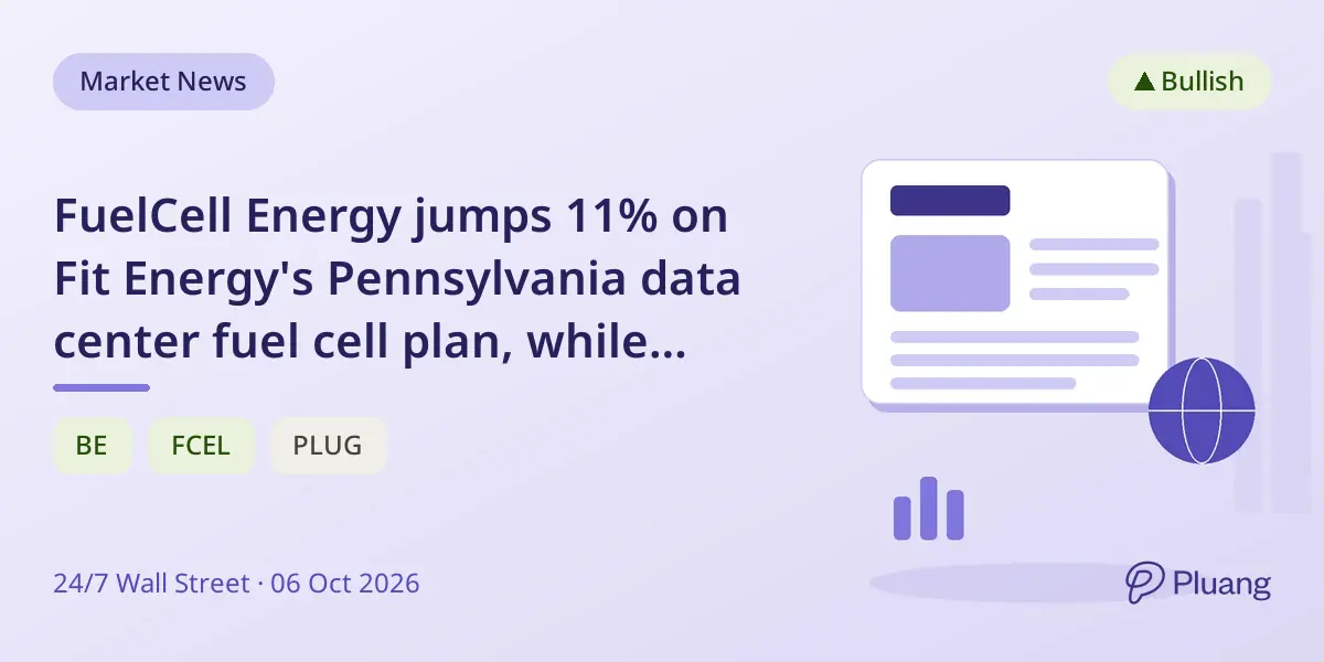 FuelCell Energy jumps 11% on Fit Energy's Pennsylvania data center fuel cell plan, while rivals show little change.