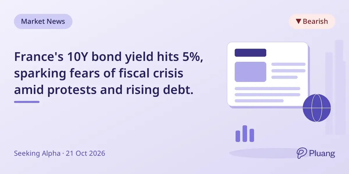 France's 10Y bond yield hits 5%, sparking fears of fiscal crisis amid protests and rising debt.
