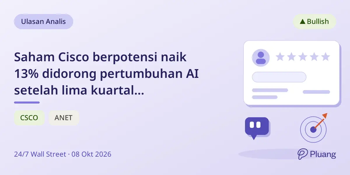Saham Cisco berpotensi naik 13% didorong pertumbuhan AI setelah lima kuartal berturut-turut melampaui ekspektasi.