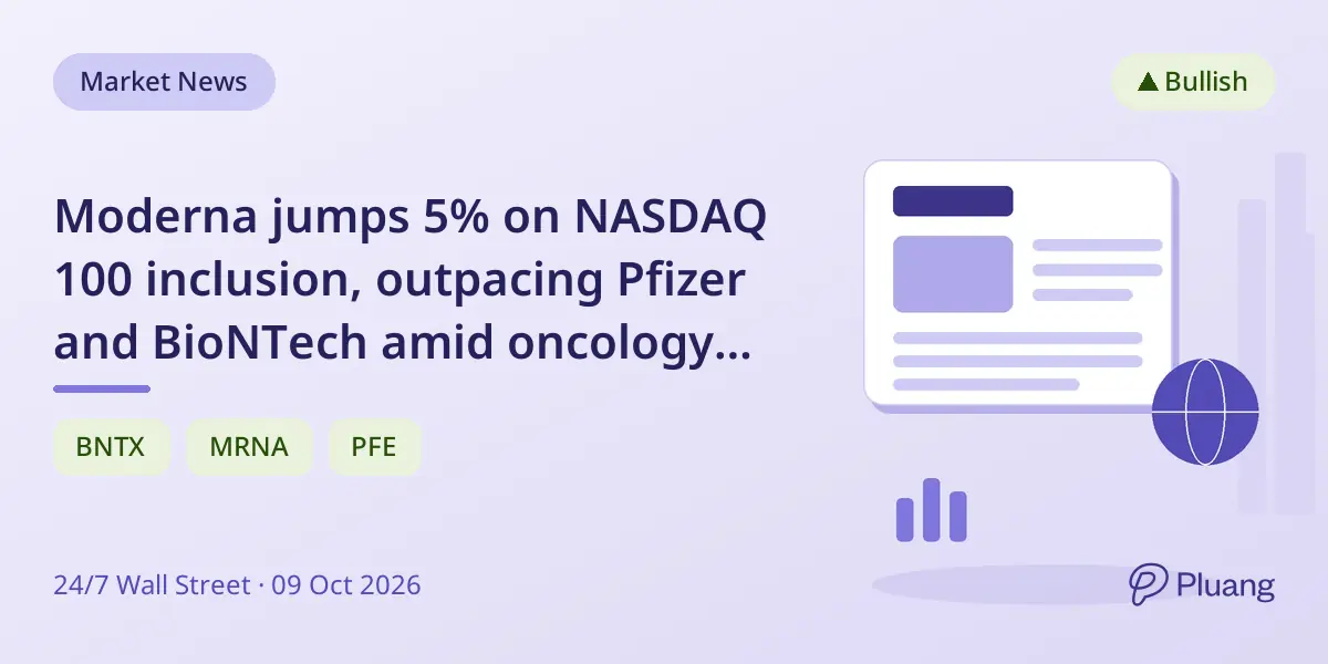 Moderna jumps 5% on NASDAQ 100 inclusion, outpacing Pfizer and BioNTech amid oncology pipeline optimism.