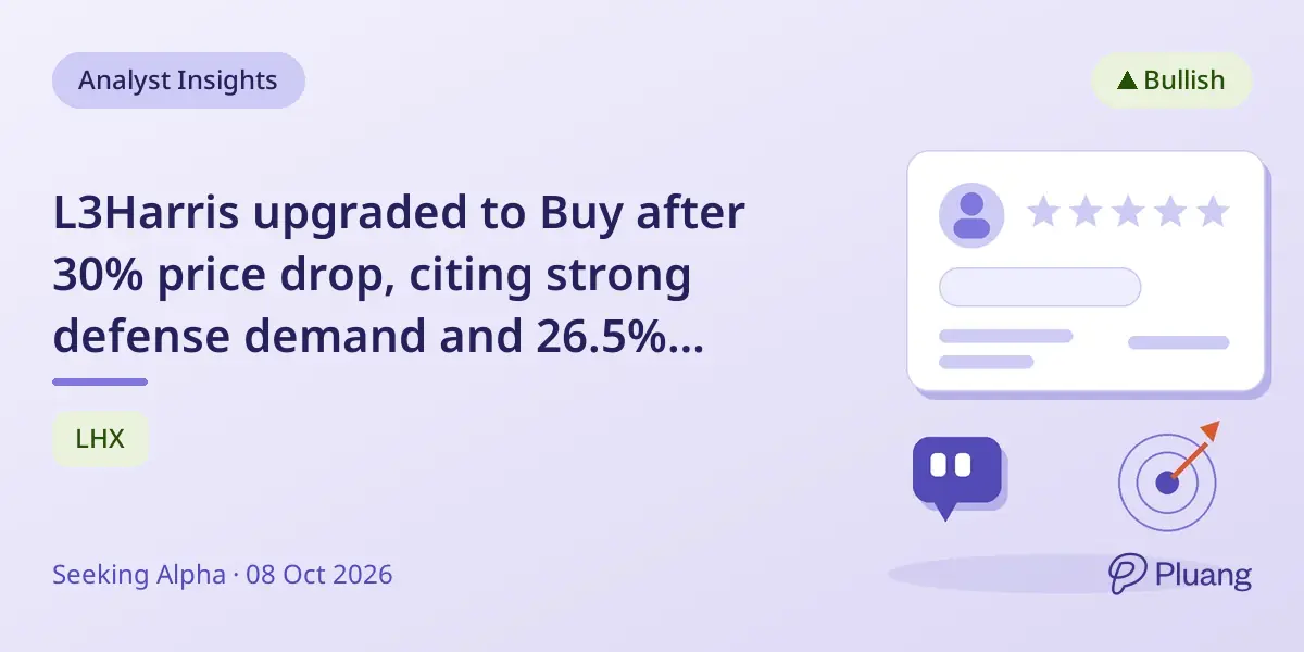 L3Harris upgraded to Buy after 30% price drop, citing strong defense demand and 26.5% upside potential.