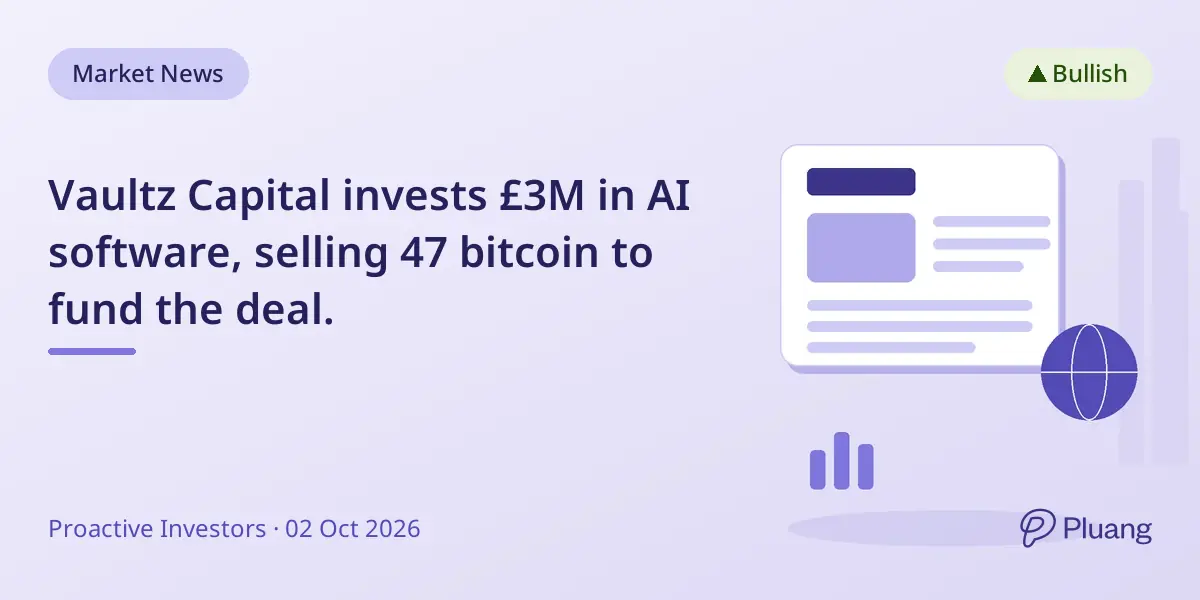Vaultz Capital invests £3M in AI software, selling 47 bitcoin to fund the deal.