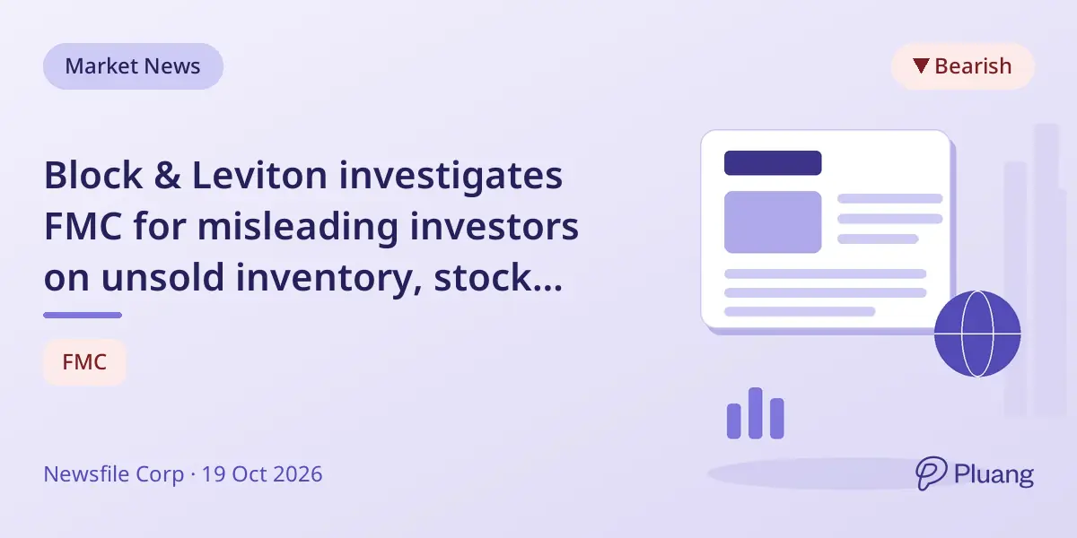 Block & Leviton investigates FMC for misleading investors on unsold inventory, stock drops 39%.