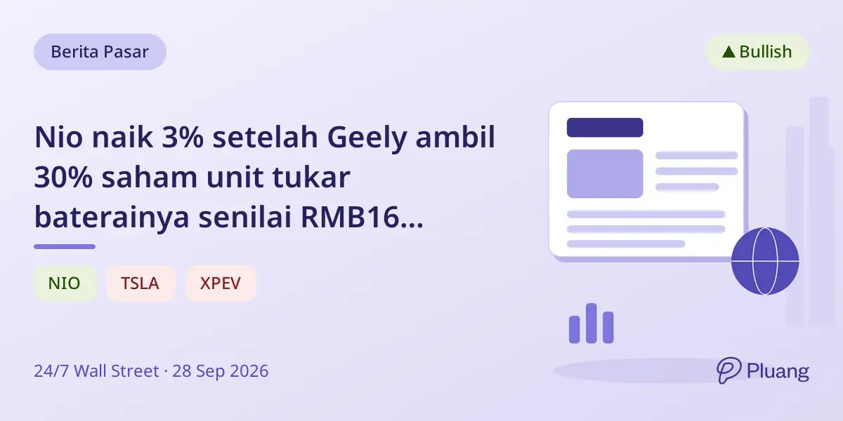 Nio naik 3% setelah Geely ambil 30% saham unit tukar baterainya senilai RMB16 miliar.