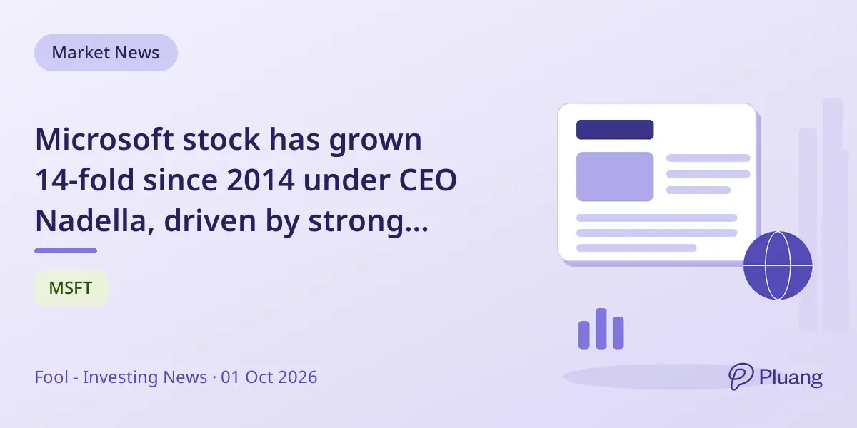 Microsoft stock has grown 14-fold since 2014 under CEO Nadella, driven by strong annual growth and AI investments.