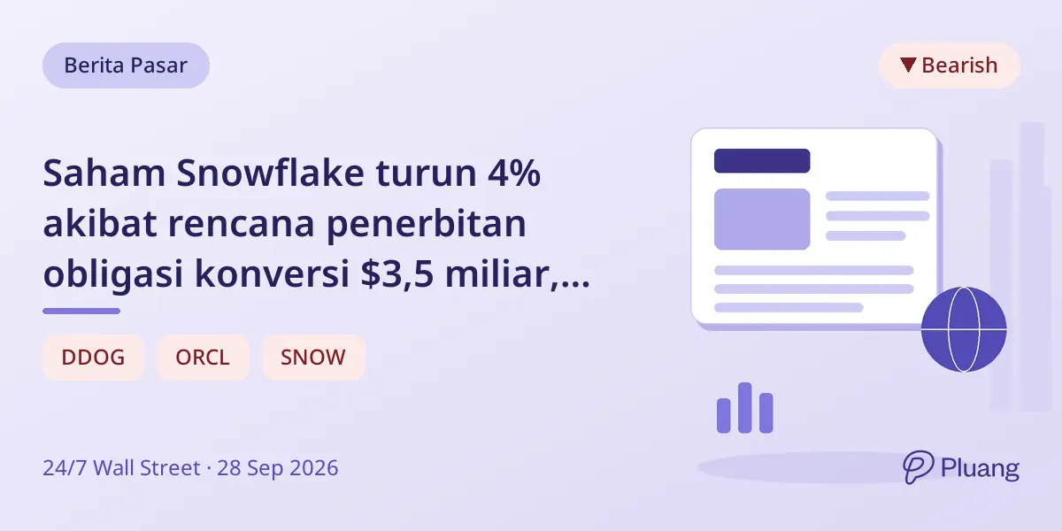 Saham Snowflake turun 4% akibat rencana penerbitan obligasi konversi $3,5 miliar, saham cloud lain juga melemah.