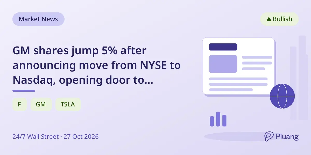 GM shares jump 5% after announcing move from NYSE to Nasdaq, opening door to Nasdaq 100 index inclusion.