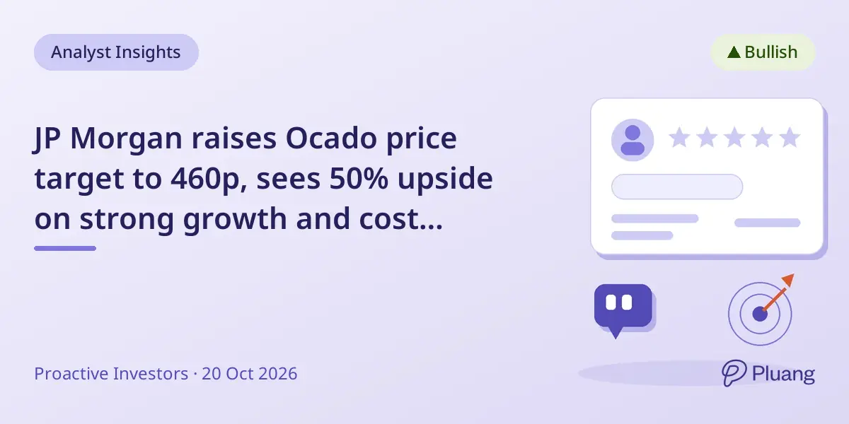 JP Morgan raises Ocado price target to 460p, sees 50% upside on strong growth and cost control.