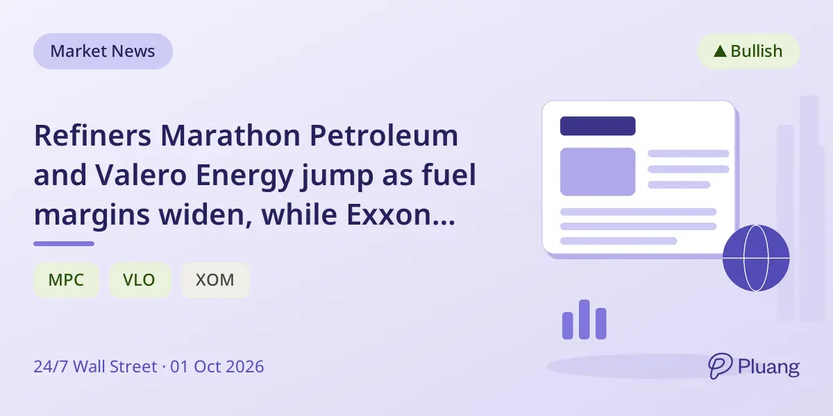 Refiners Marathon Petroleum and Valero Energy jump as fuel margins widen, while Exxon Mobil remains flat.