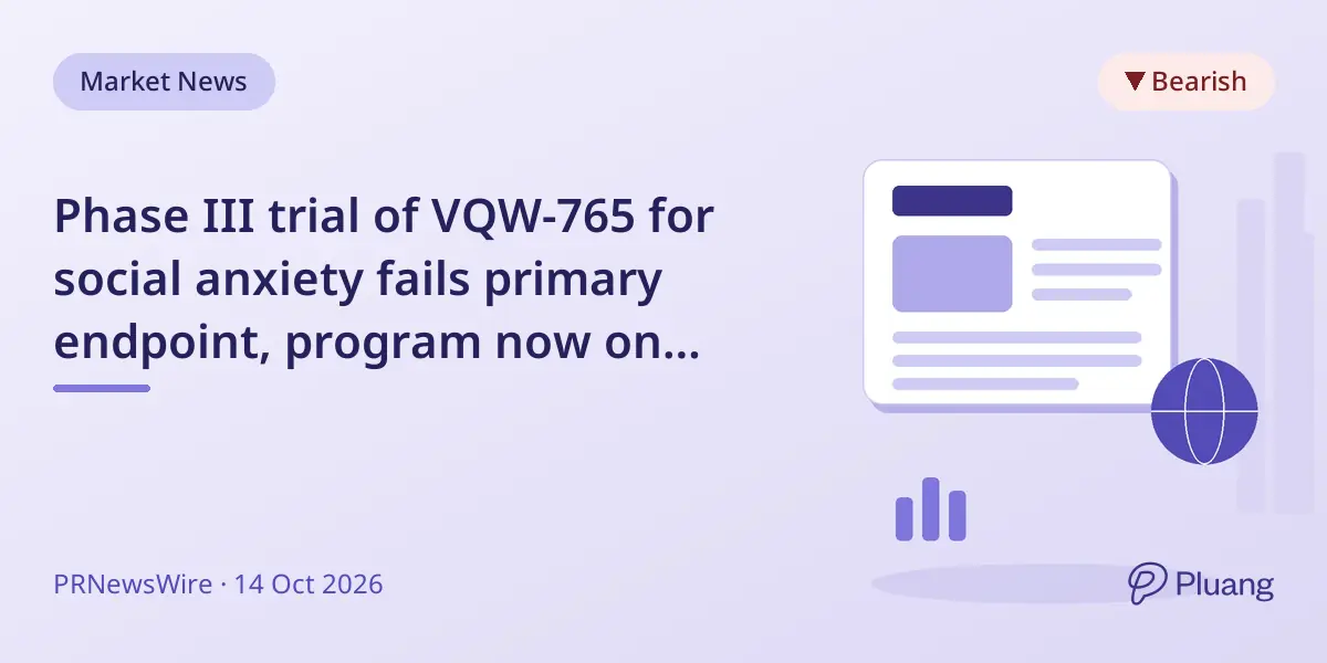 Phase III trial of VQW-765 for social anxiety fails primary endpoint, program now on hold.