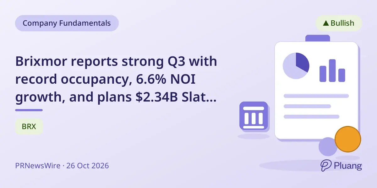 Brixmor reports strong Q3 with record occupancy, 6.6% NOI growth, and plans $2.34B Slate Grocery REIT acquisition.