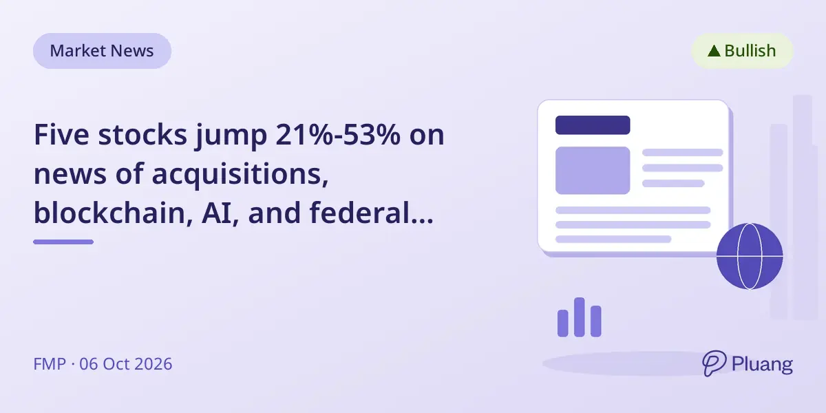 Five stocks jump 21%-53% on news of acquisitions, blockchain, AI, and federal financing.