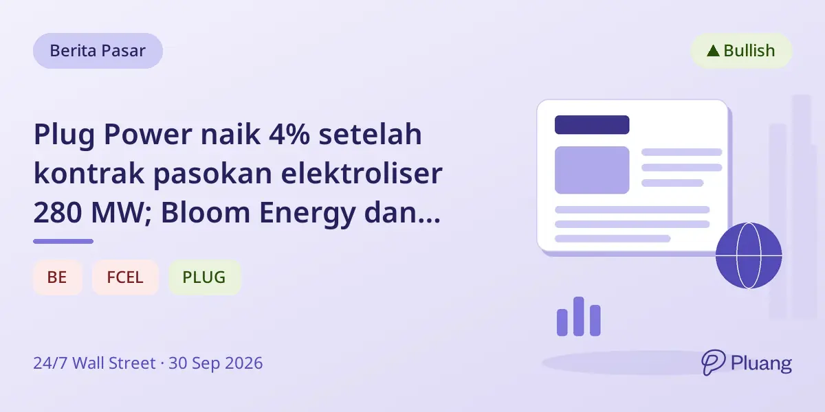 Plug Power naik 4% setelah kontrak pasokan elektroliser 280 MW; Bloom Energy dan FuelCell Energy melemah.